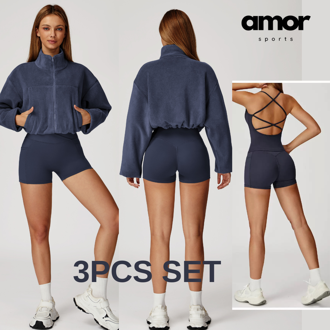 3pcs Coral Fleece Jumper Active Set - Navy