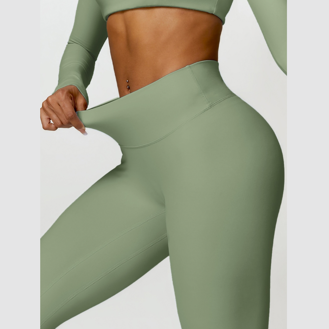 Stylish Long-Sleeve Top Skinny Scrunched Legging Set - Green
