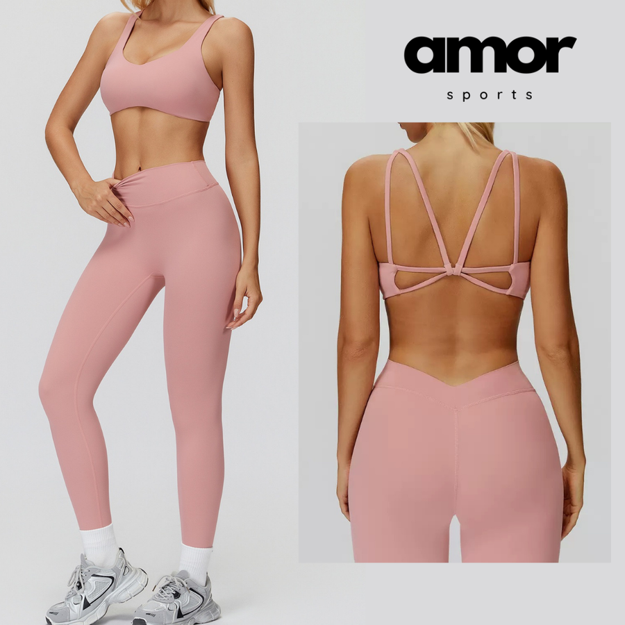 Butterfly-Back Sports Bra Legging Set - Pink