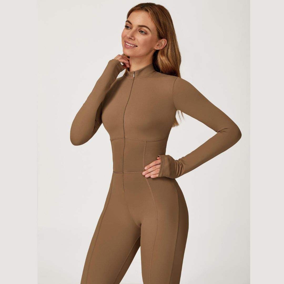 Sculpting Fleece Long-Sleeve Jumpsuit - Brown