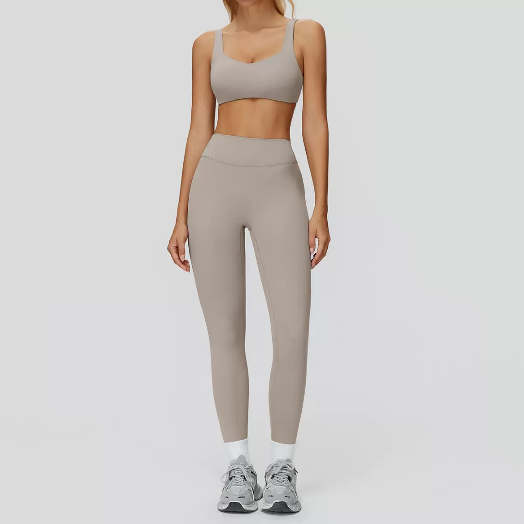 Butterfly-Back Sports Bra Legging Set - Beige