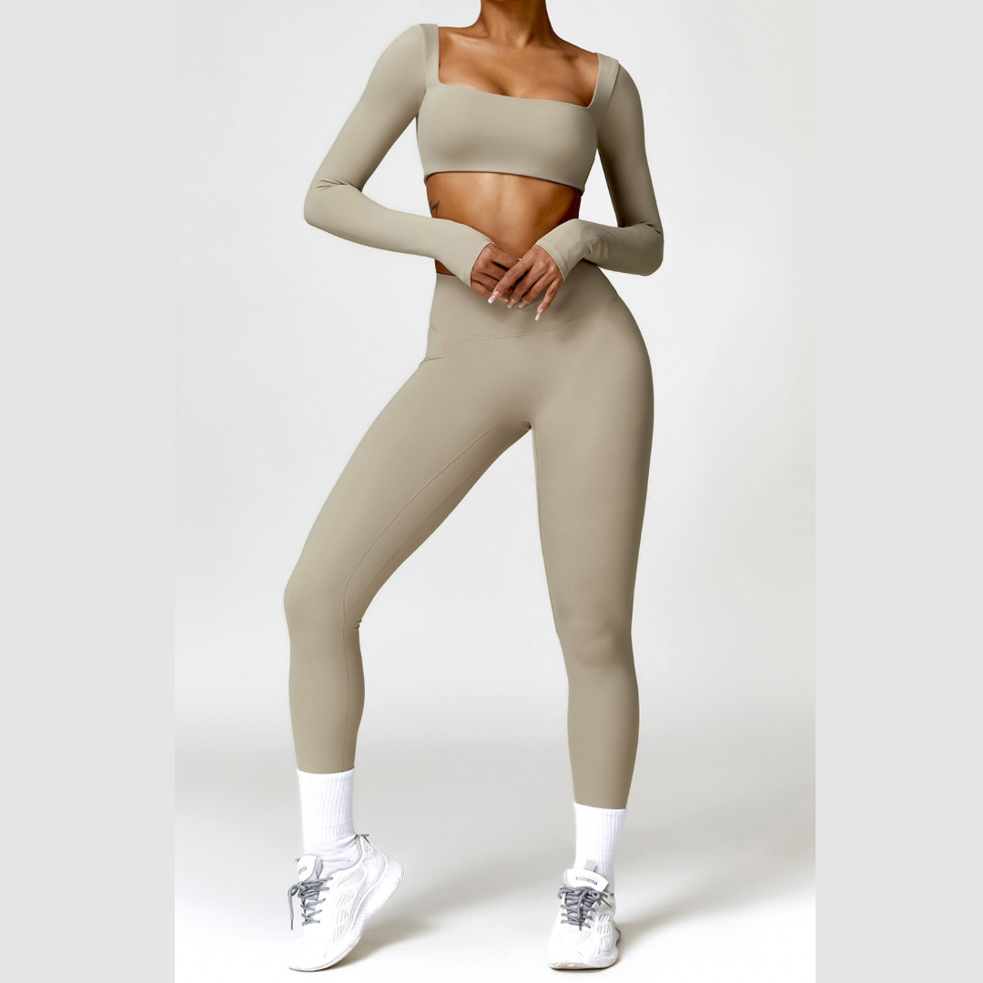 Stylish Long-Sleeve Top Skinny Scrunched Legging Set - Cement
