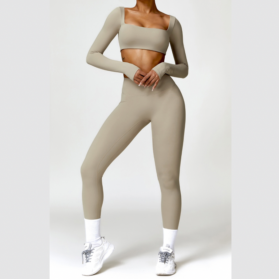 Stylish Long-Sleeve Top Skinny Scrunched Legging Set - Cement