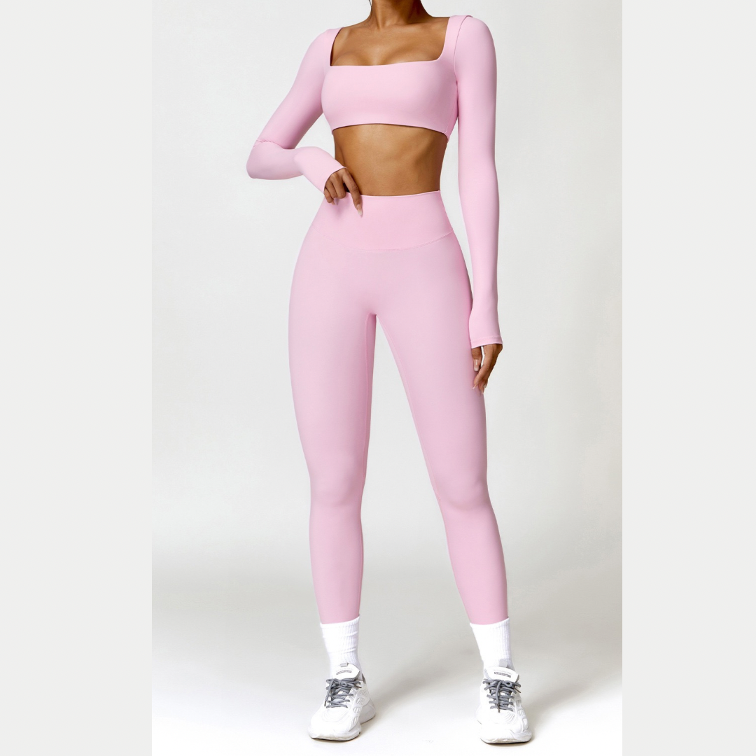 Stylish Long-Sleeve Top Skinny Scrunched Legging Set - Pink