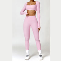Stylish Long-Sleeve Top Skinny Scrunched Legging Set - Pink