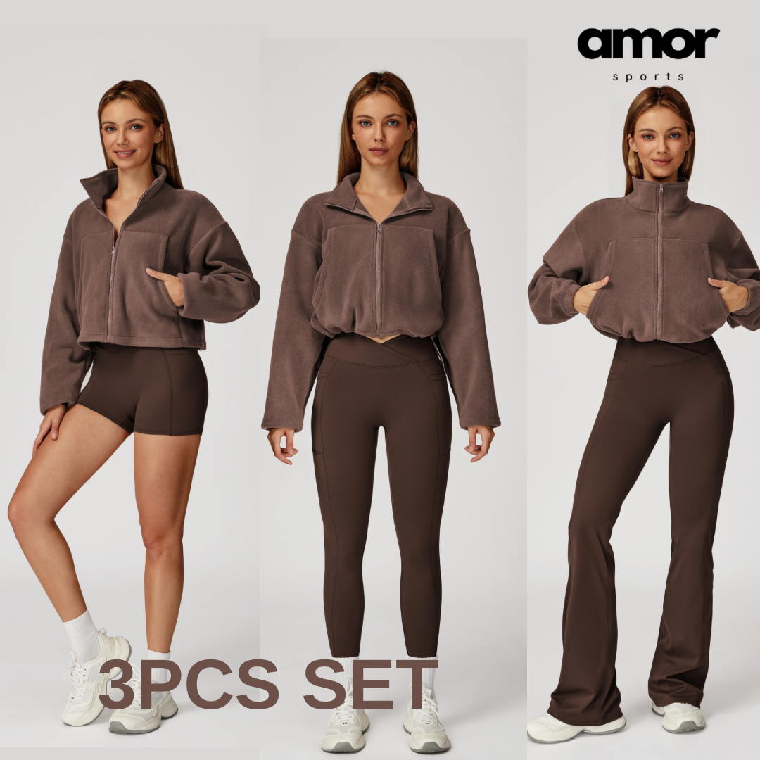 3pcs Coral Fleece Jumper Active Set - Brown