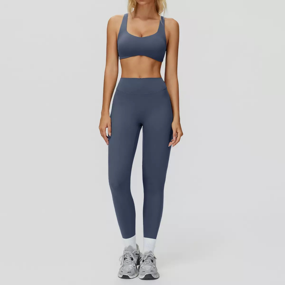 Butterfly-Back Sports Bra Legging Set - Blue