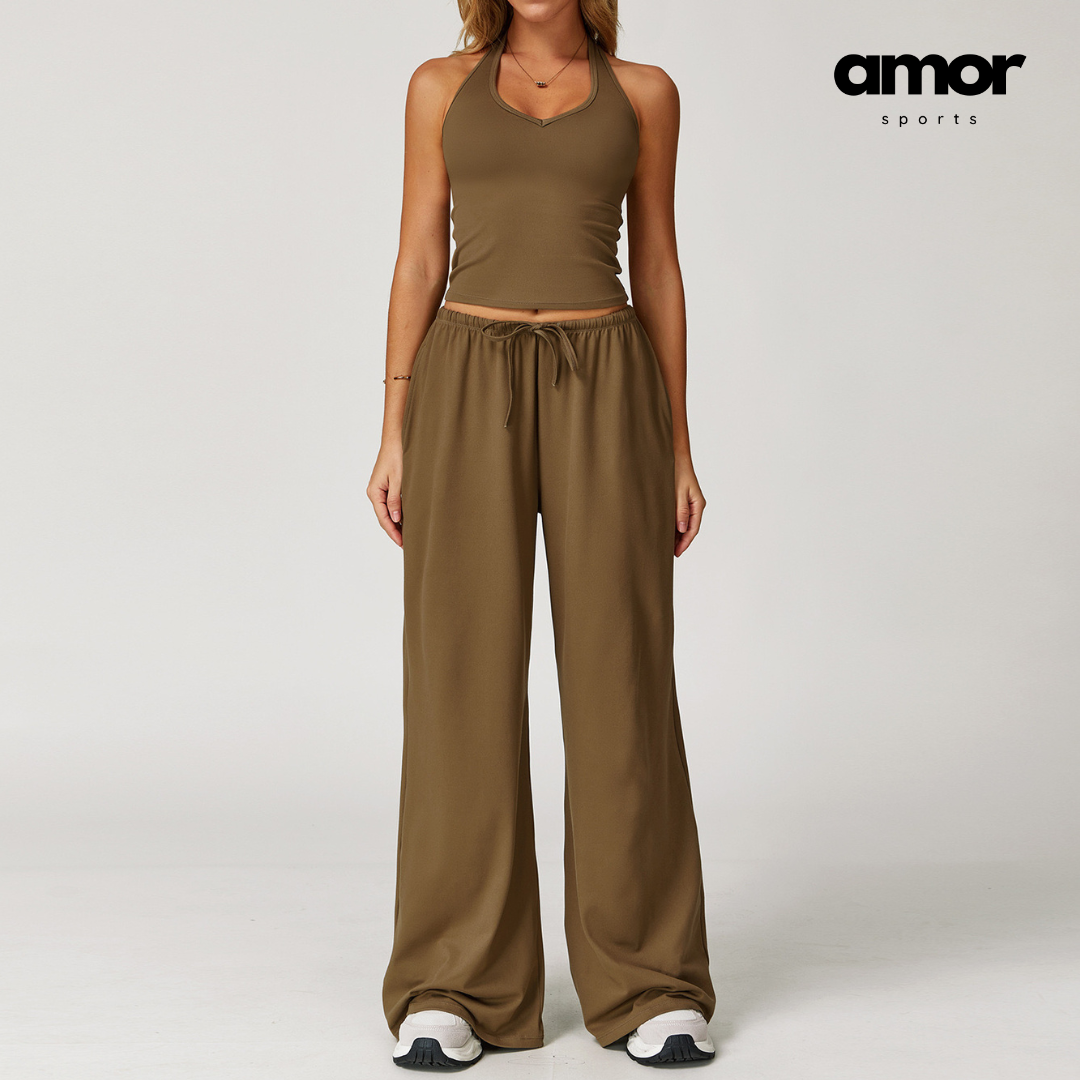 Aspasia Vest Top Flared Legging Set - Coffee