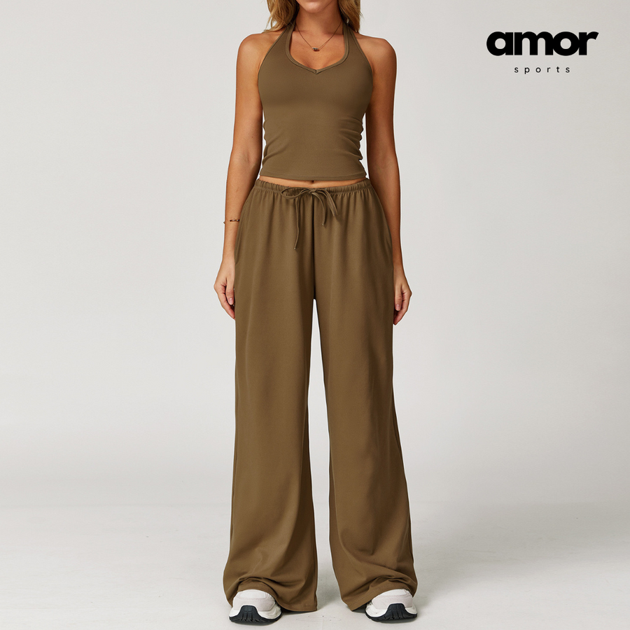 Aspasia Vest Top Flared Legging Set - Coffee