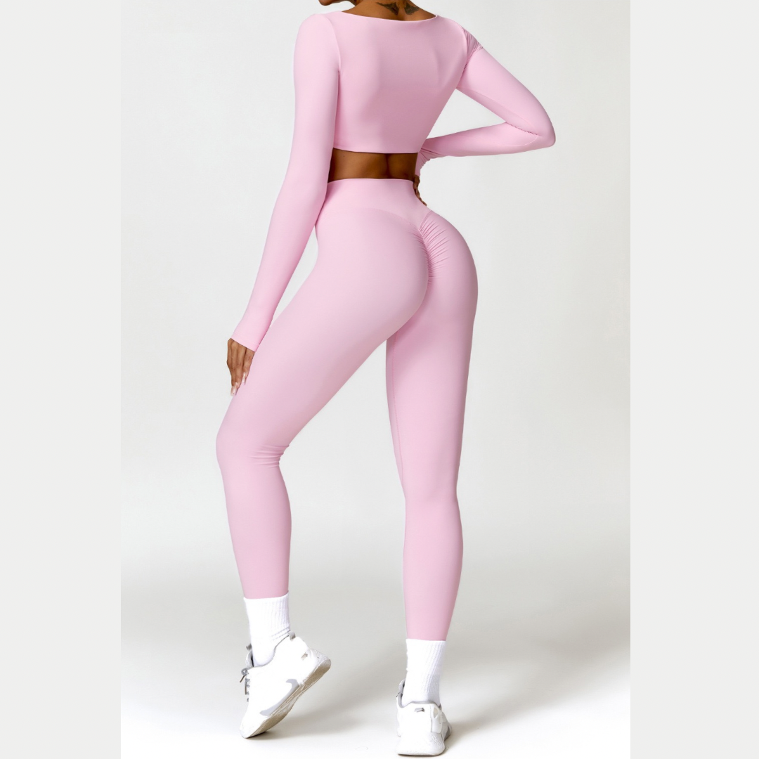 Stylish Long-Sleeve Top Skinny Scrunched Legging Set - Pink