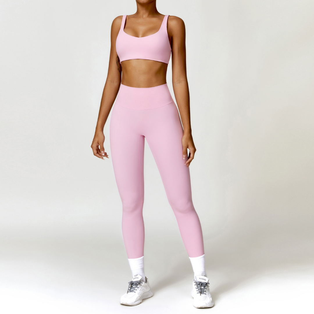 V-Top Skinny Scrunched Legging Set - Pink