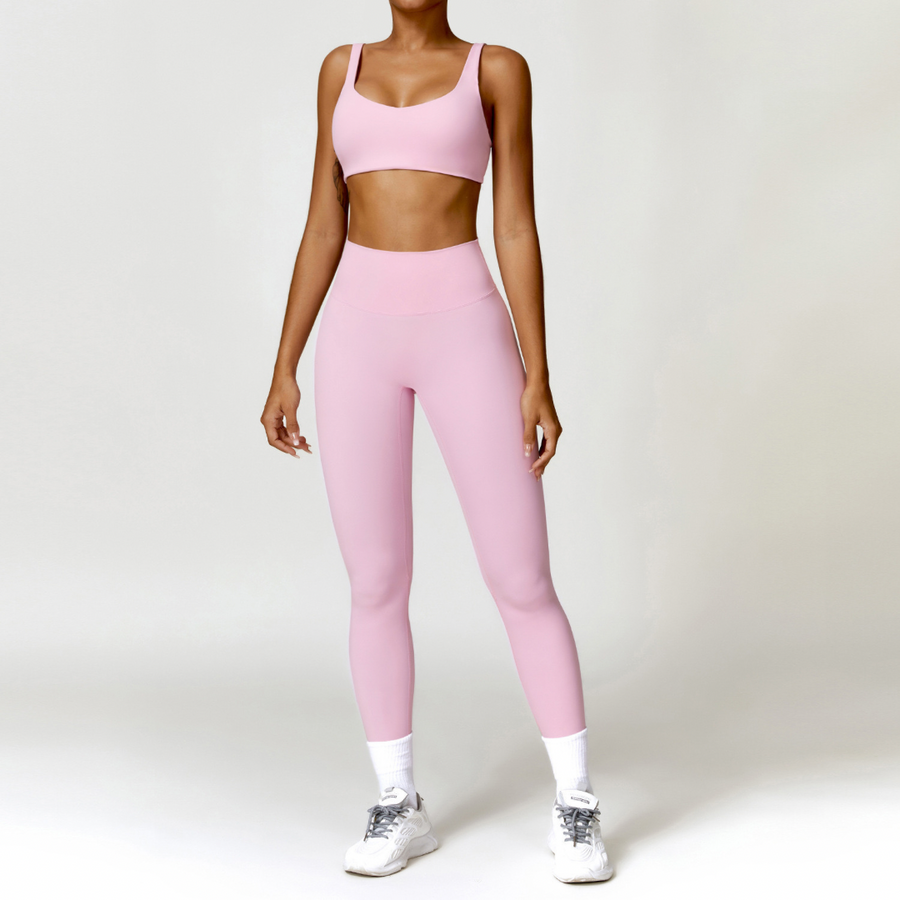 V-Top Skinny Scrunched Legging Set - Pink