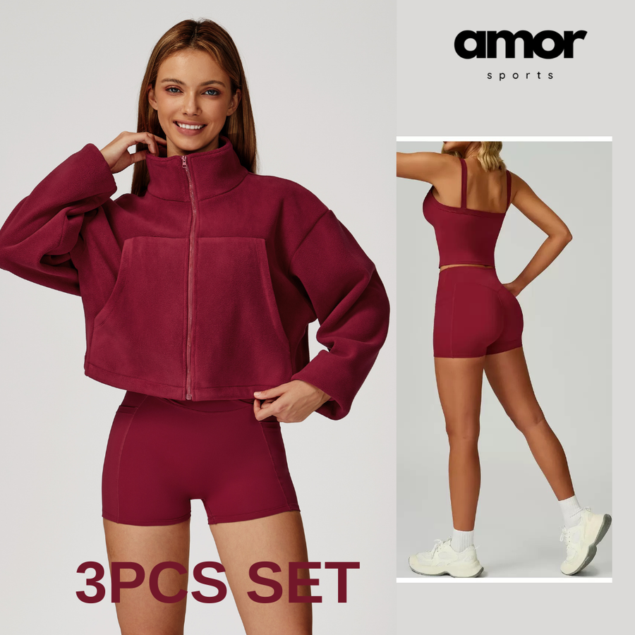 3pcs Coral Fleece Jumper Active Set - Cherry