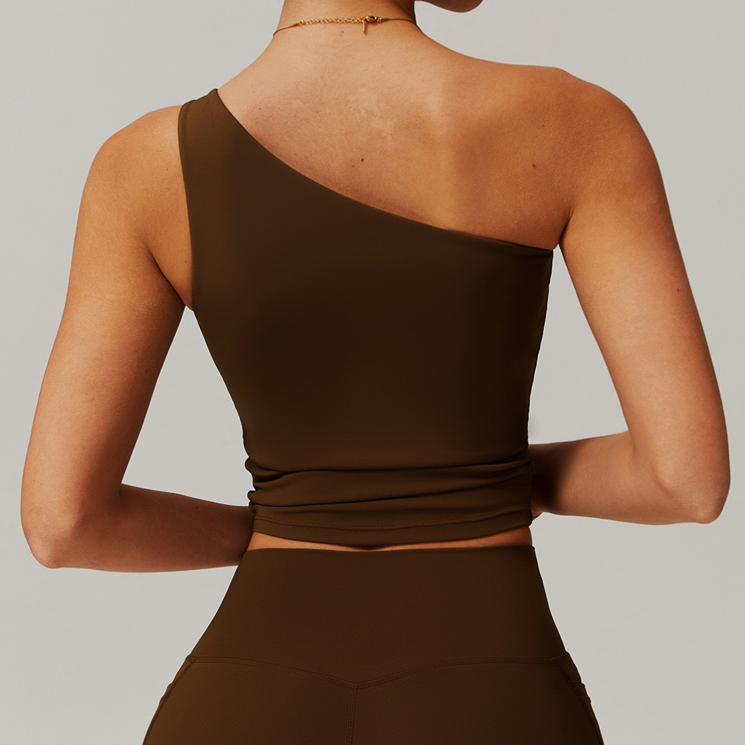 NANA Stylish Single Shoulder Crop Top - Coffee