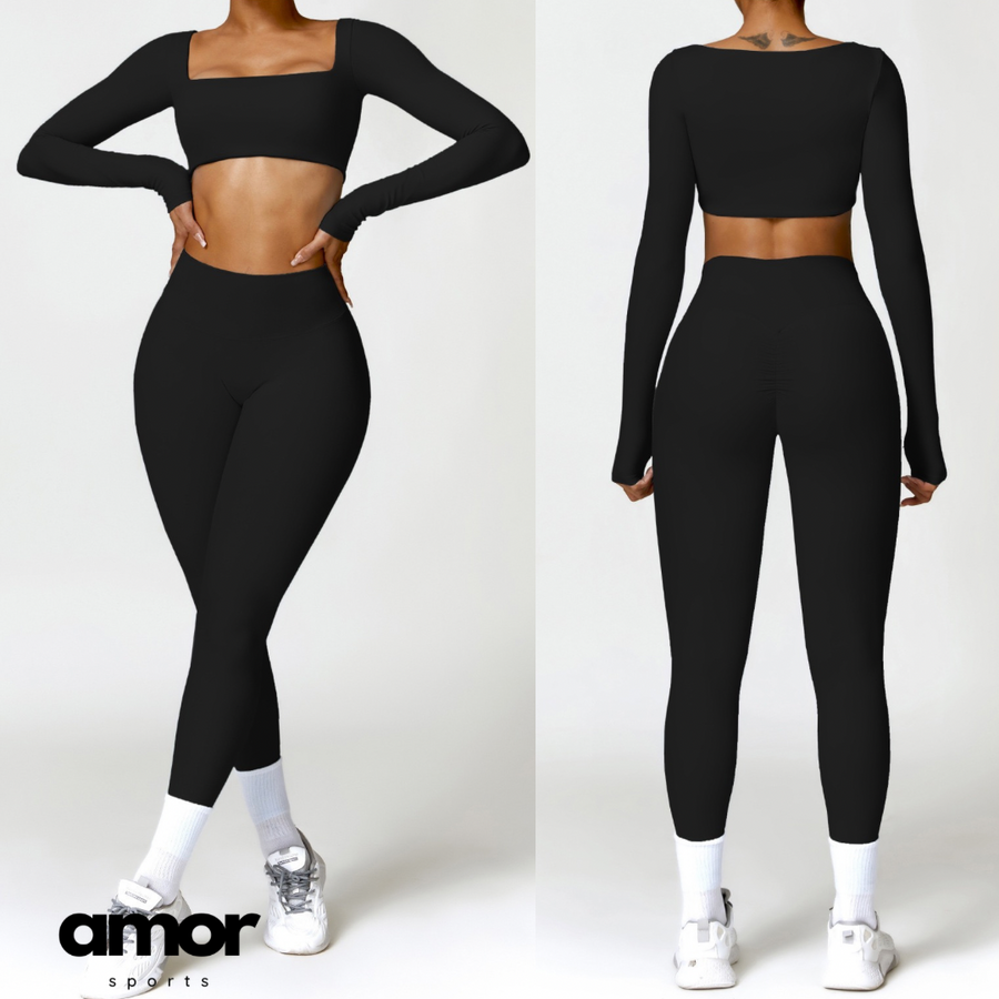 Stylish Long-Sleeve Top Skinny Scrunched Legging Set - Black