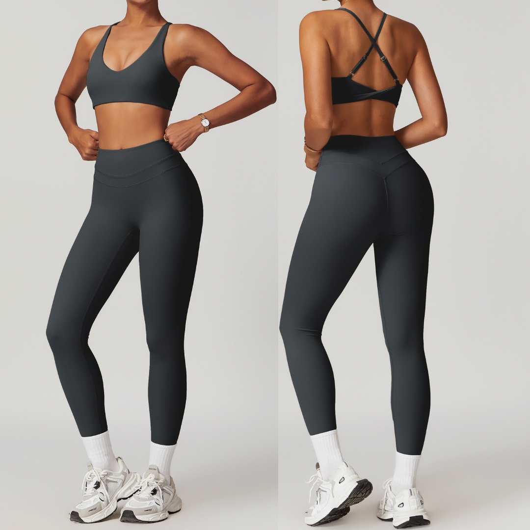 STELLA X-Back Crop Top Legging Set - Dark Grey