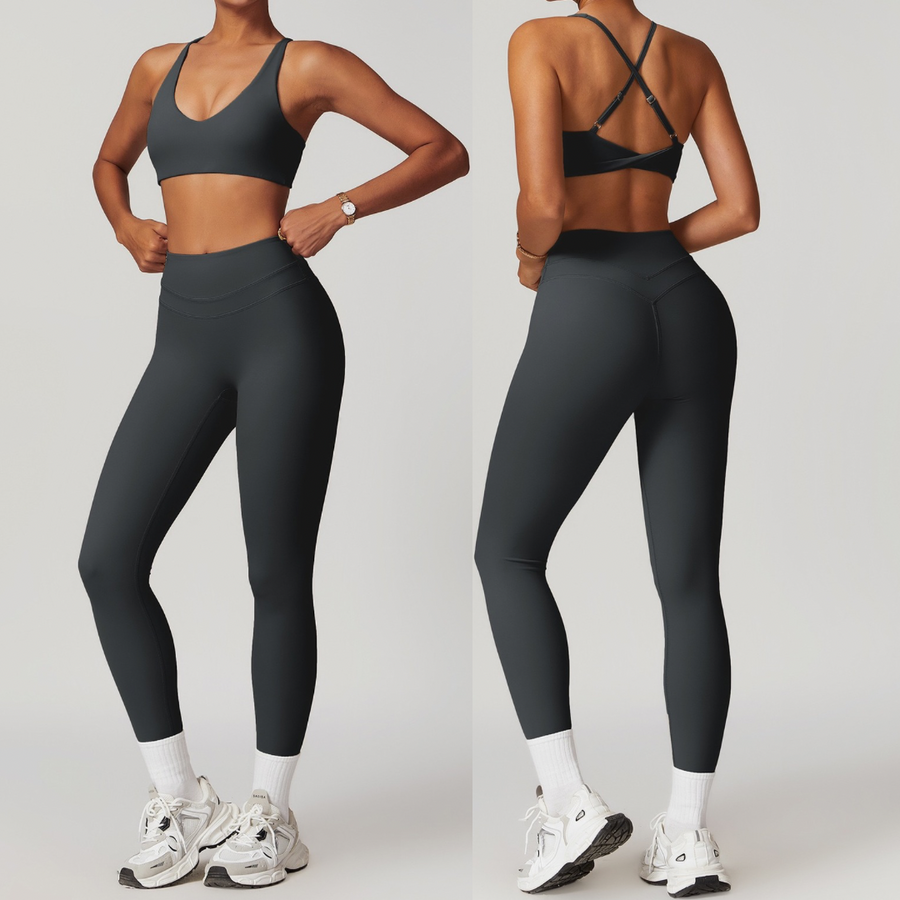 STELLA X-Back Crop Top Legging Set - Dark Grey