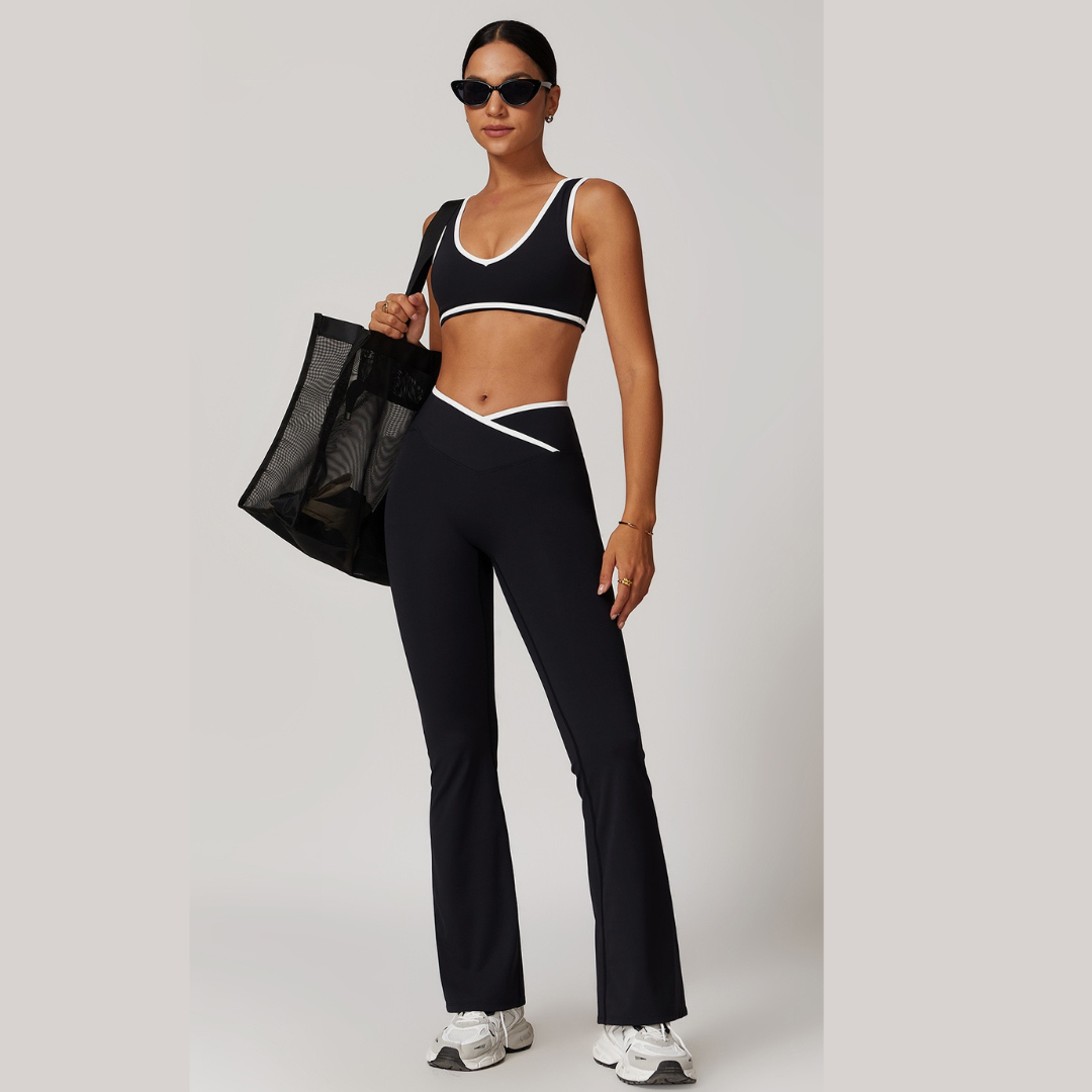 QUEENI Stylish Flared Legging Set - Black