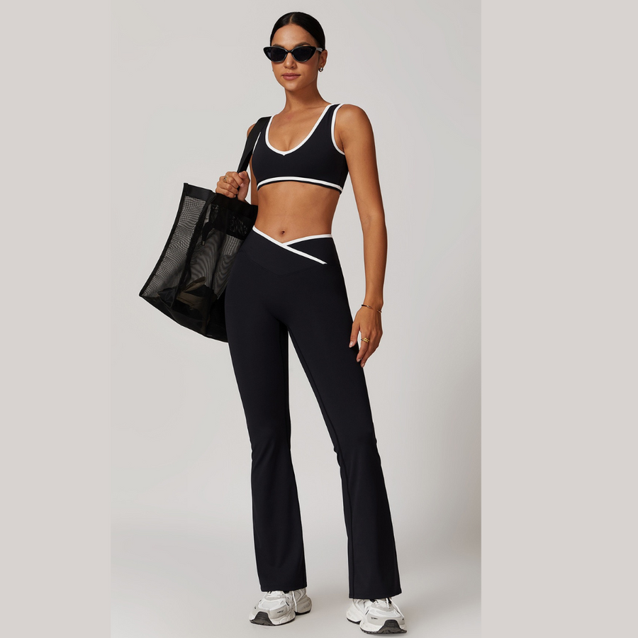 QUEENI Stylish Flared Legging Set - Black