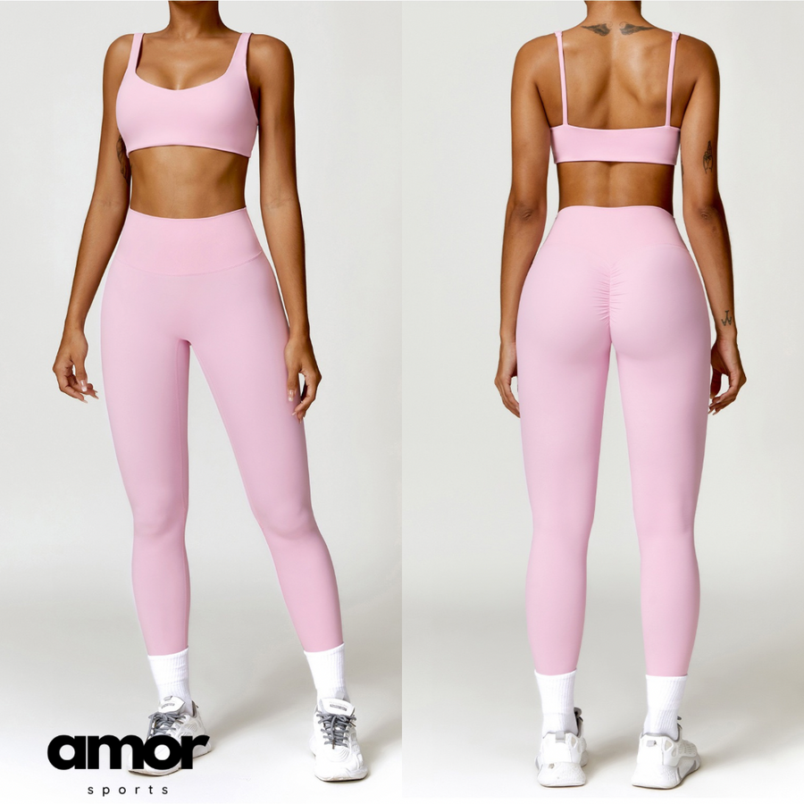V-Top Skinny Scrunched Legging Set - Pink