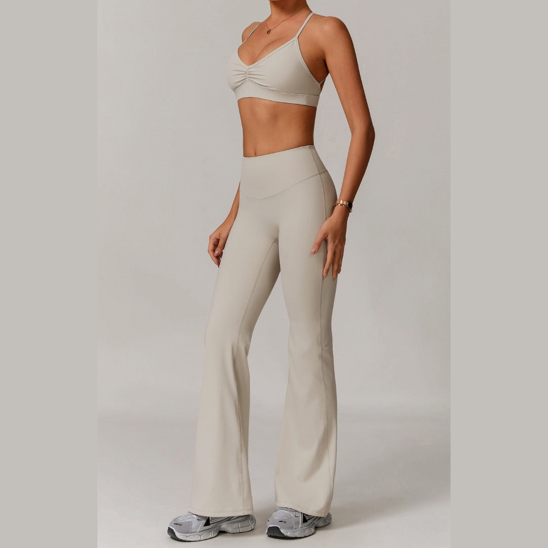 ELINA Comfy Sports Bra Flared Legging Set - Beige