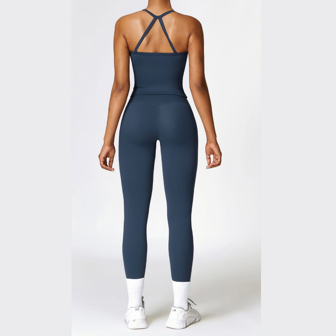 CHRISTIA Cross Back Vest Top Legging Set - Navy