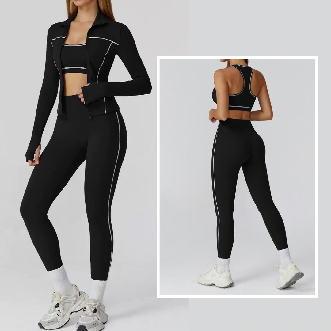 Sporty Chic 3pcs Jacket Legging Set - Black