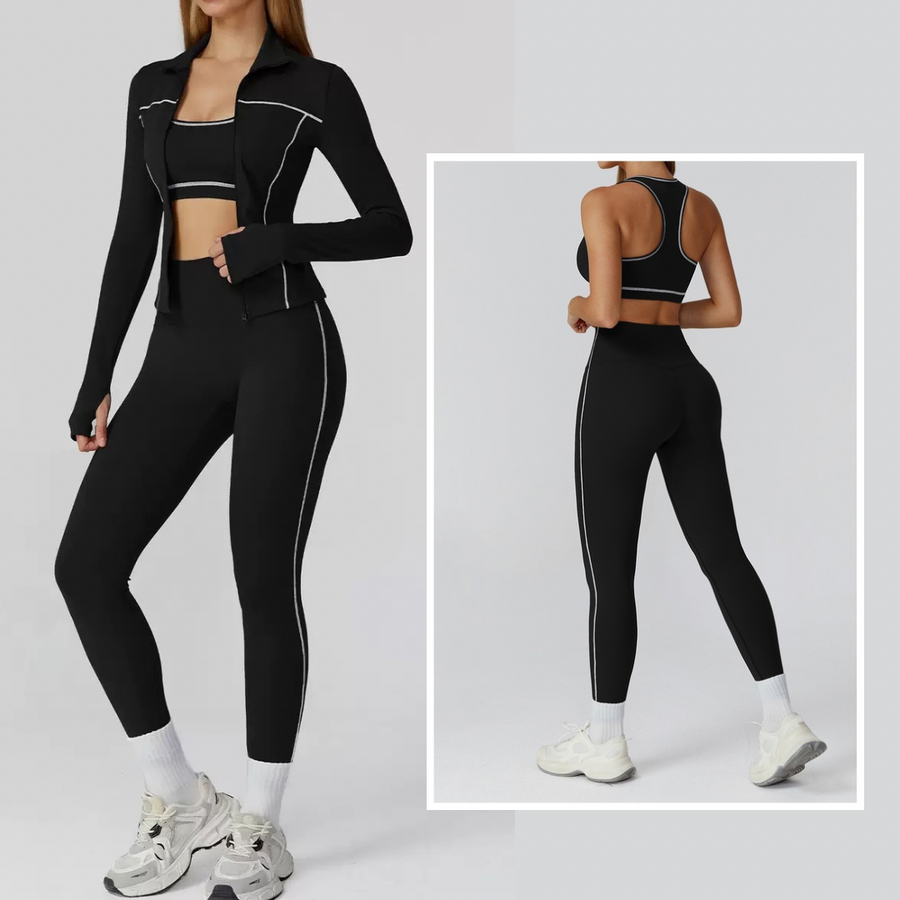 Sporty Chic 3pcs Jacket Legging Set - Black