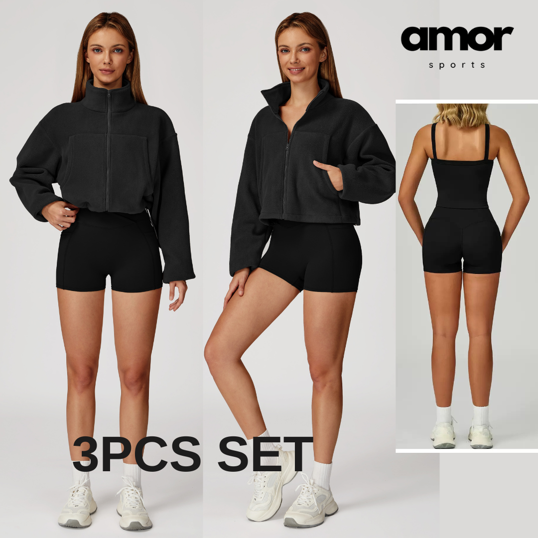 3pcs Coral Fleece Jumper Active Set - Black