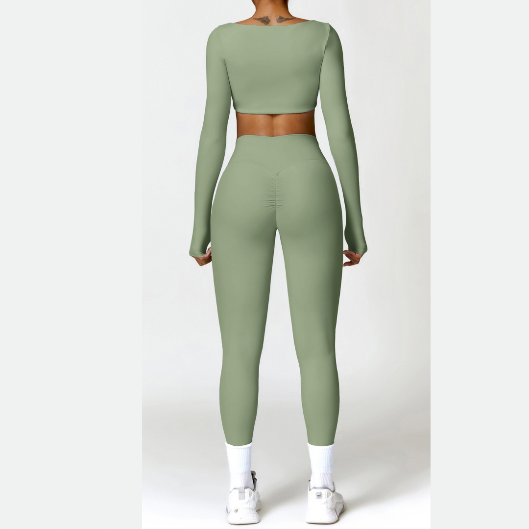 Stylish Long-Sleeve Top Skinny Scrunched Legging Set - Green