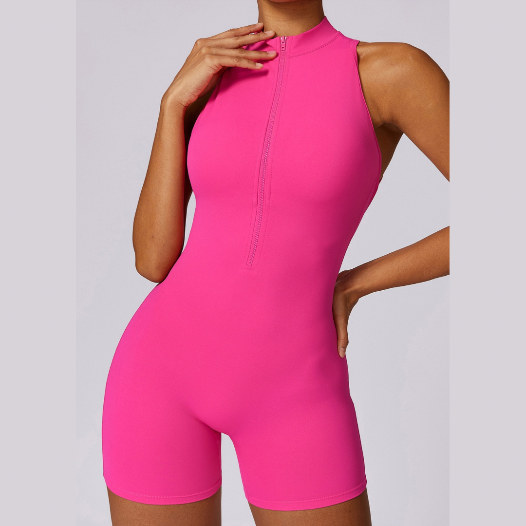Stylish Zipper Scrunched Romper - Pink