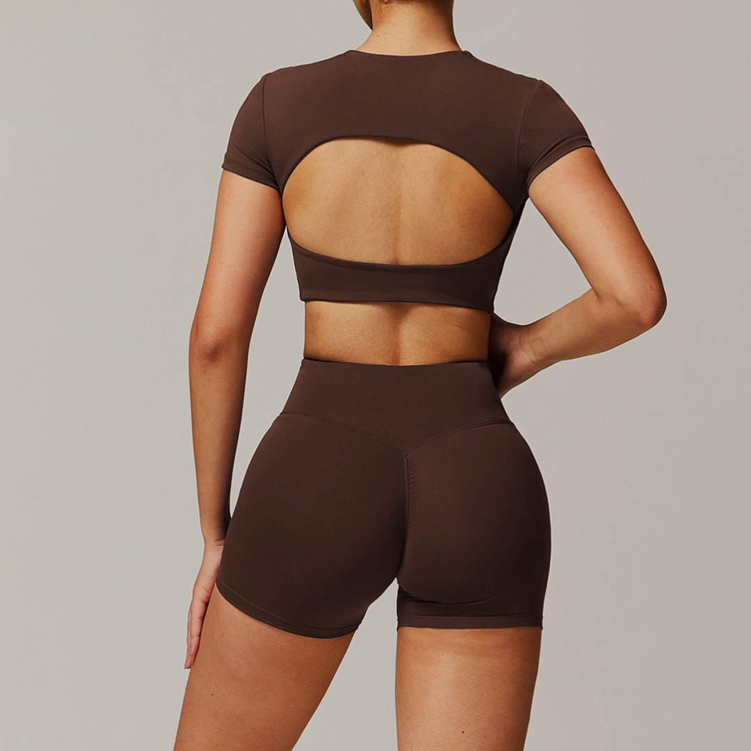EVA Premium Short Sleeve Top Short Set - Coffee