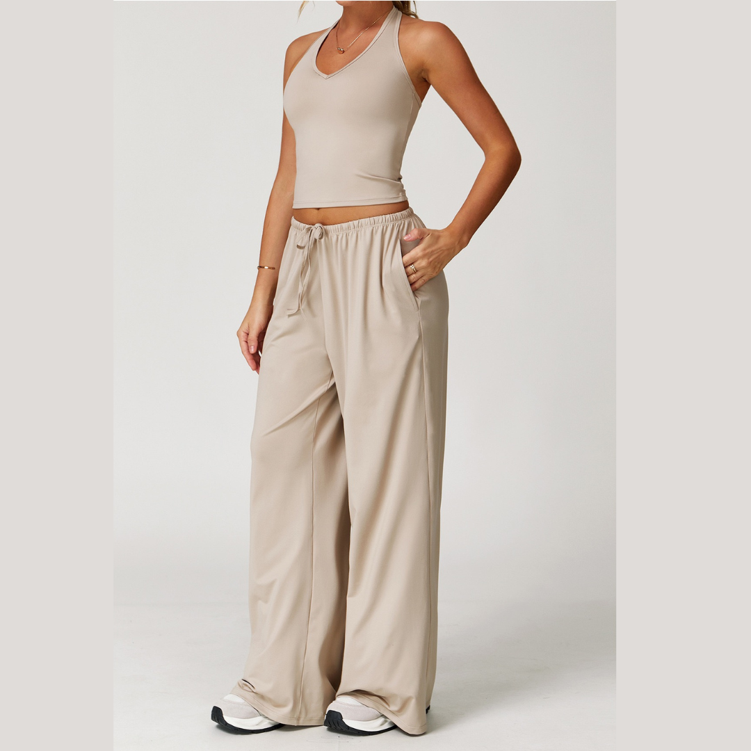 Aspasia Vest Top Flared Legging Set - Beige