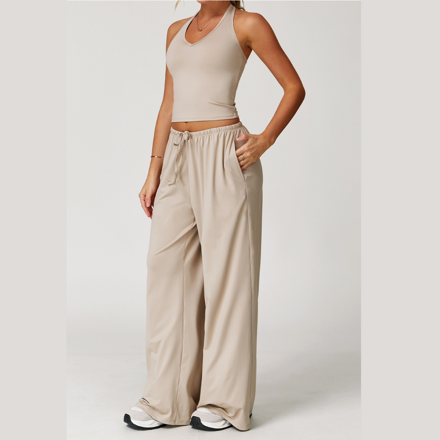 Aspasia Vest Top Flared Legging Set - Beige