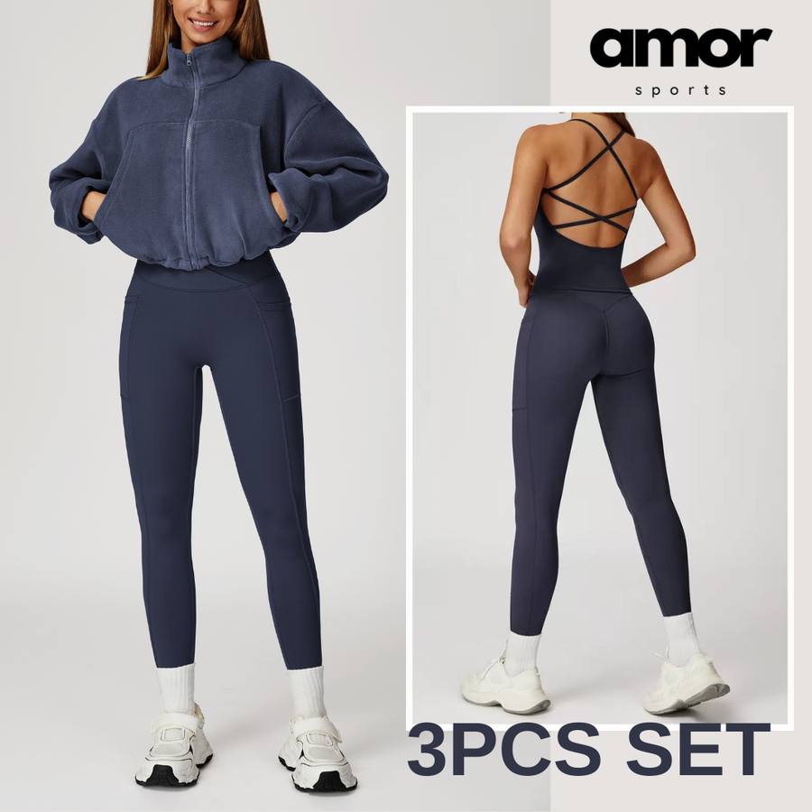3pcs Coral Fleece Jumper Active Set - Navy