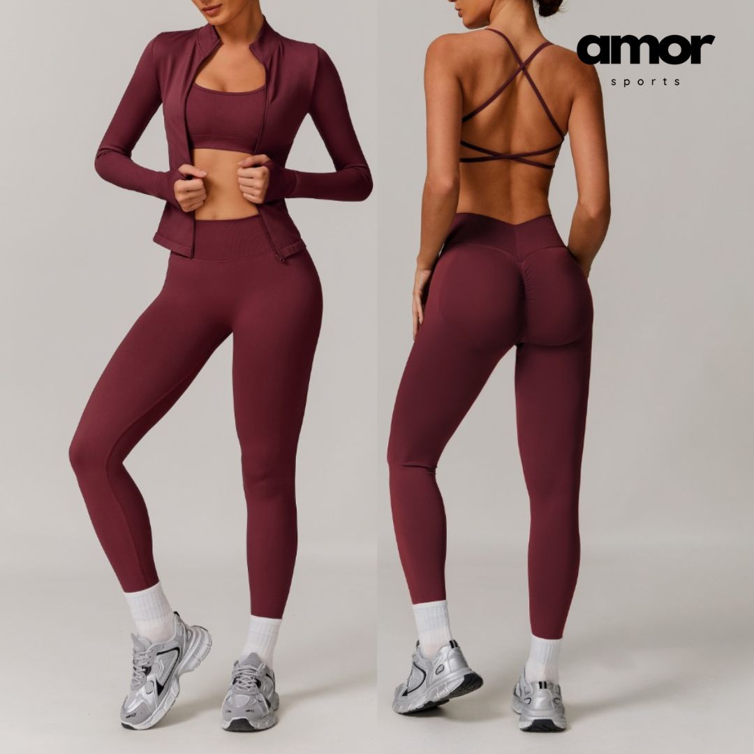 Sleek Seamless 3pcs Jacket Legging Set - Burgundy