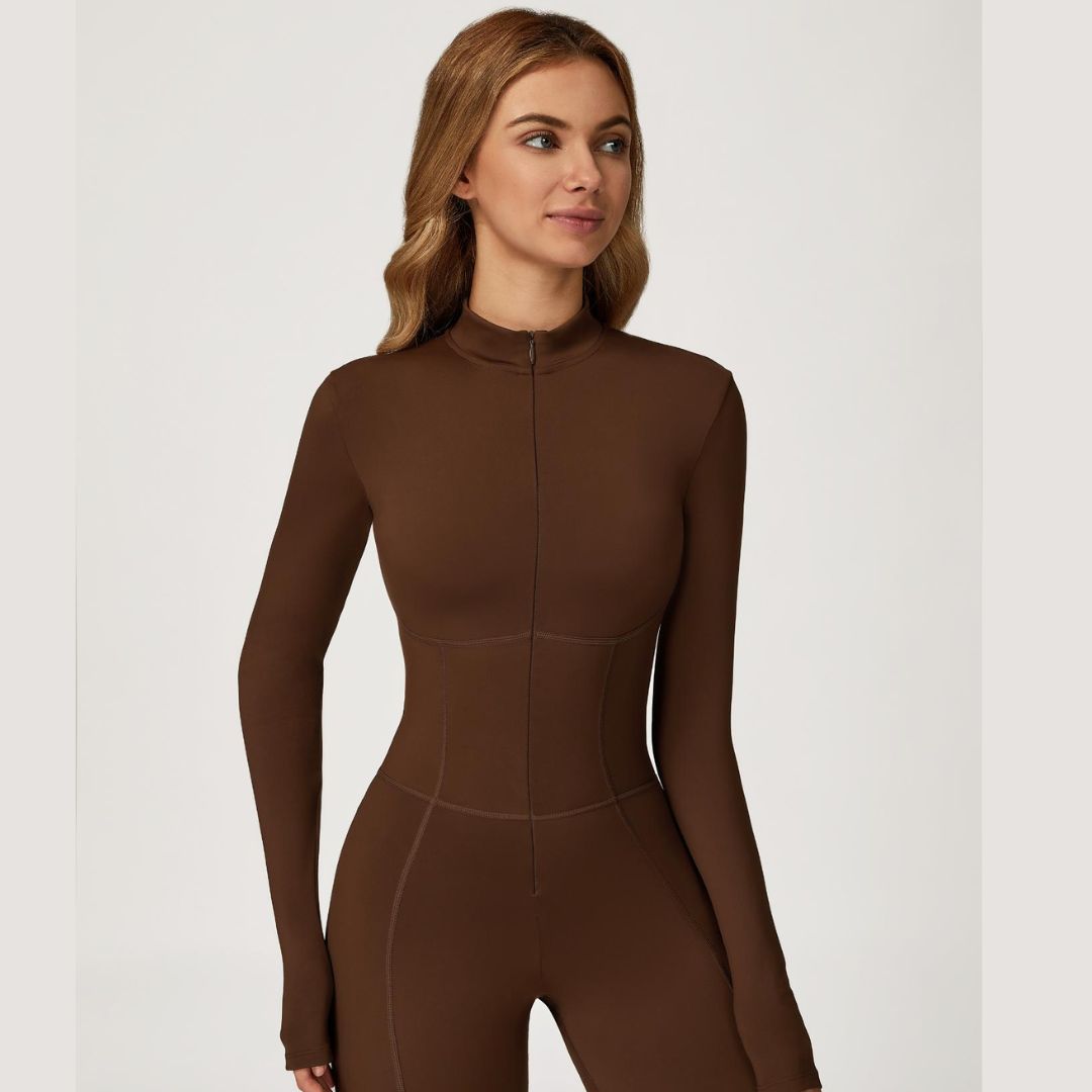 Sculpting Fleece Long-Sleeve Jumpsuit - Coffee