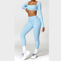 Stylish Long-Sleeve Top Skinny Scrunched Legging Set - Blue