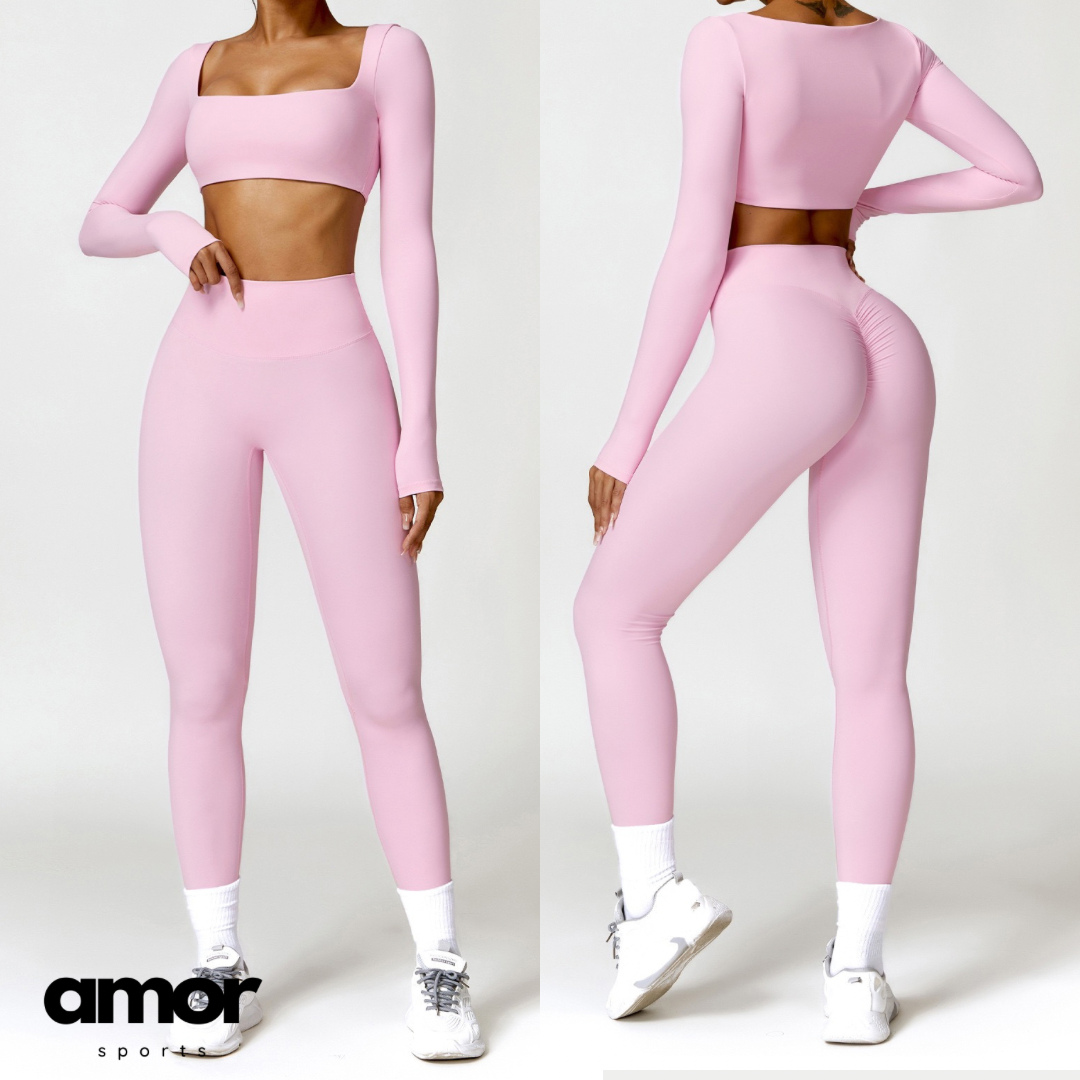 Stylish Long-Sleeve Top Skinny Scrunched Legging Set - Pink