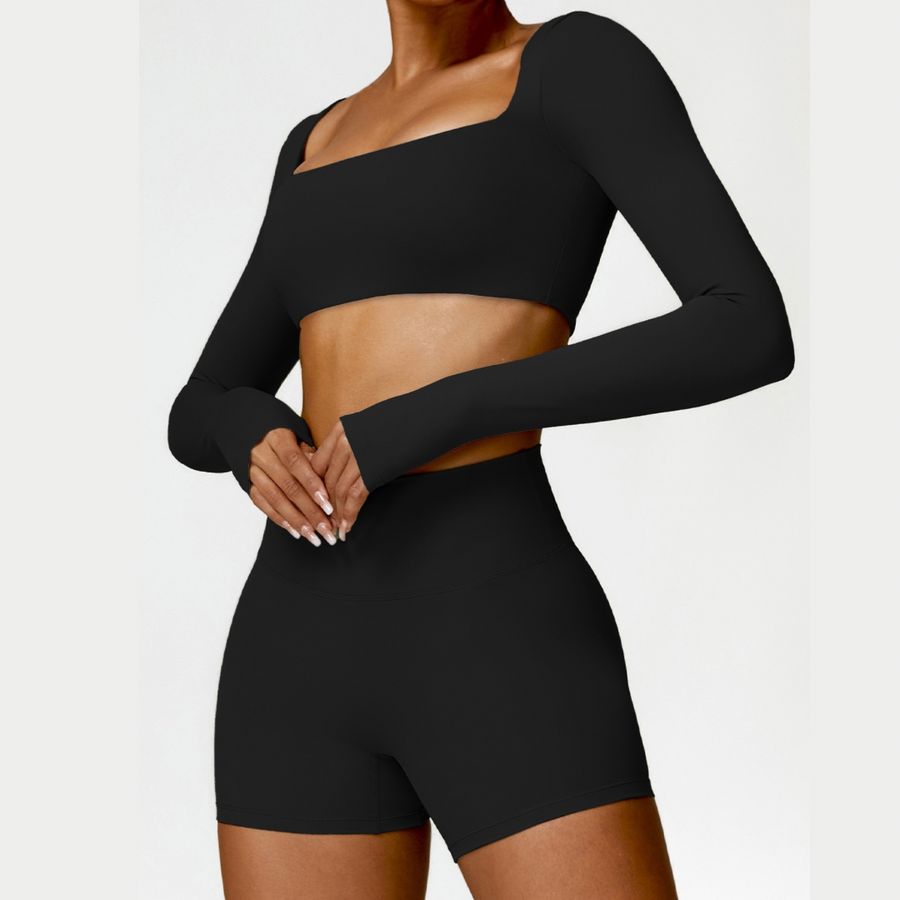 Stylish Long-Sleeve Top Scrunched Short Set - Black