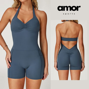 BILLI Scrunched V-Back Romper - Blue