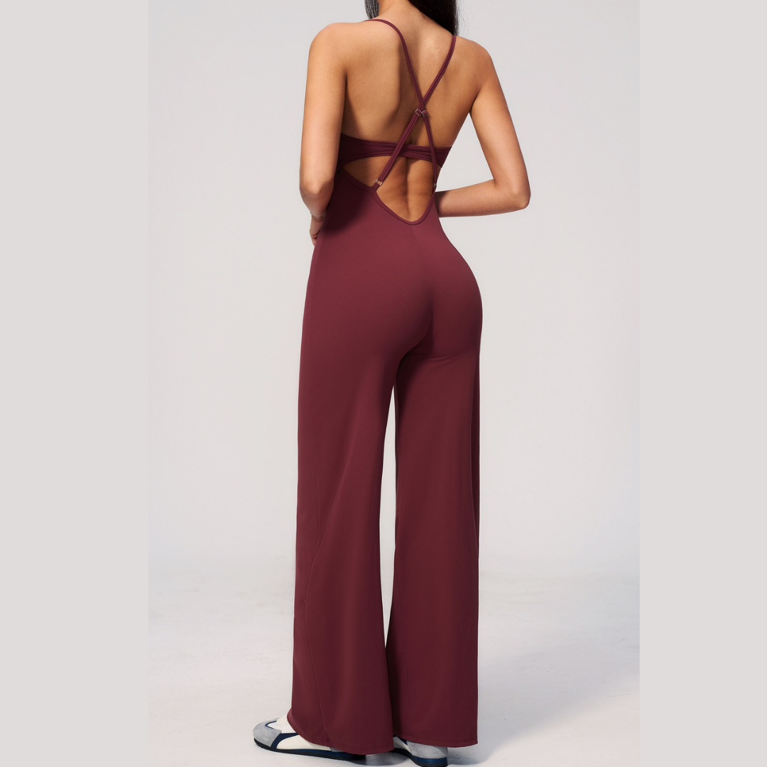BOLIVIA Cross Back Flared Jumpsuit - Wine
