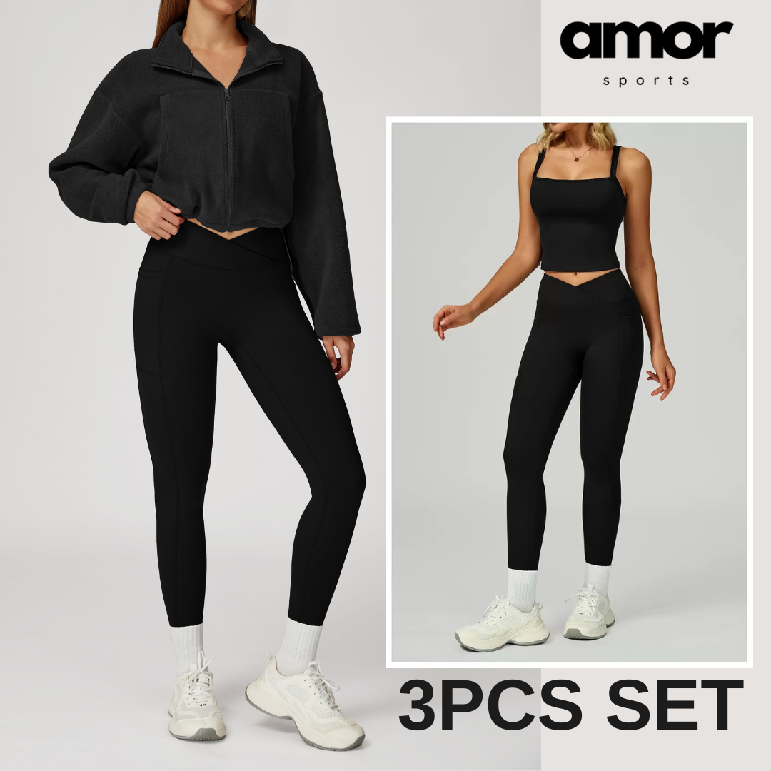 3pcs Coral Fleece Jumper Active Set - Black