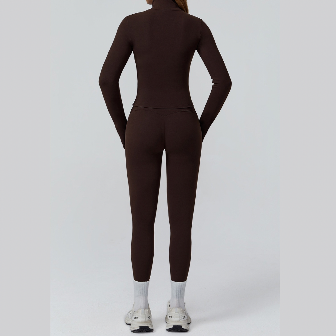 Sporty Chic 3pcs Jacket Legging Set - Dark Coffee
