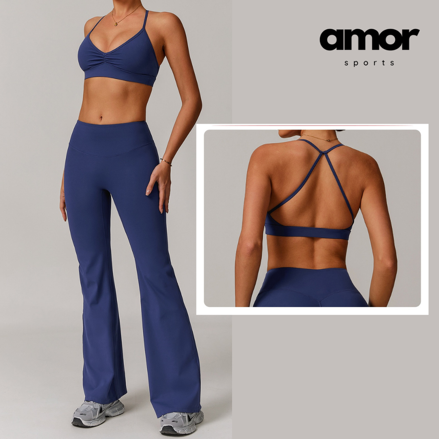 ELINA Comfy Sports Bra Flared Legging Set - Blue