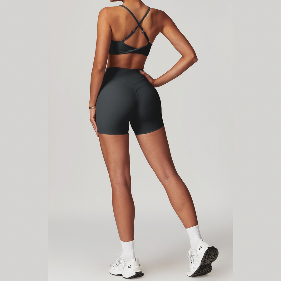 STELLA X-Back Crop Top Short Set - Dark Grey