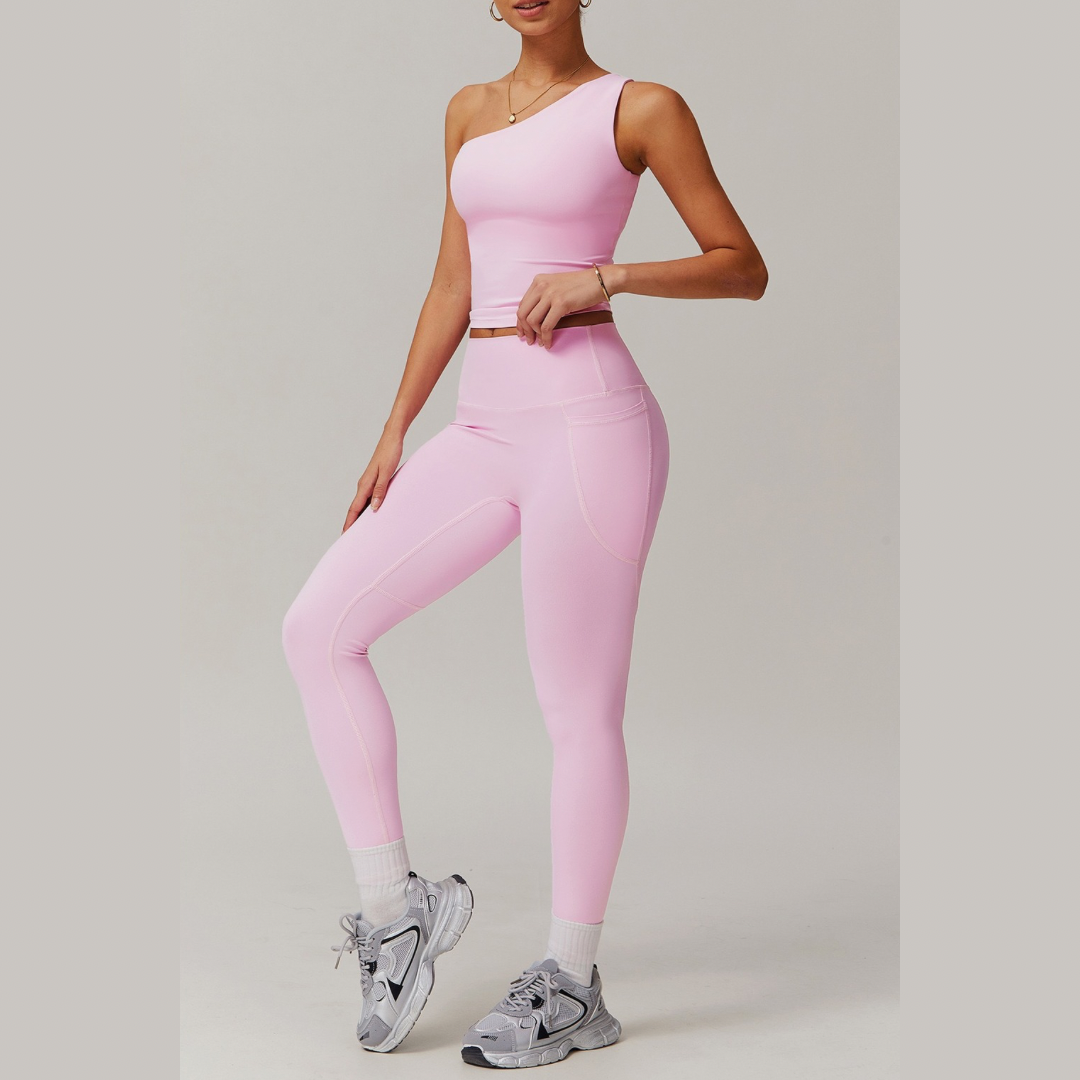 NANA Single Shoulder Top Legging Set - Pink