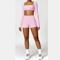 Stylish Long-Sleeve Top Scrunched Short Set - Pink