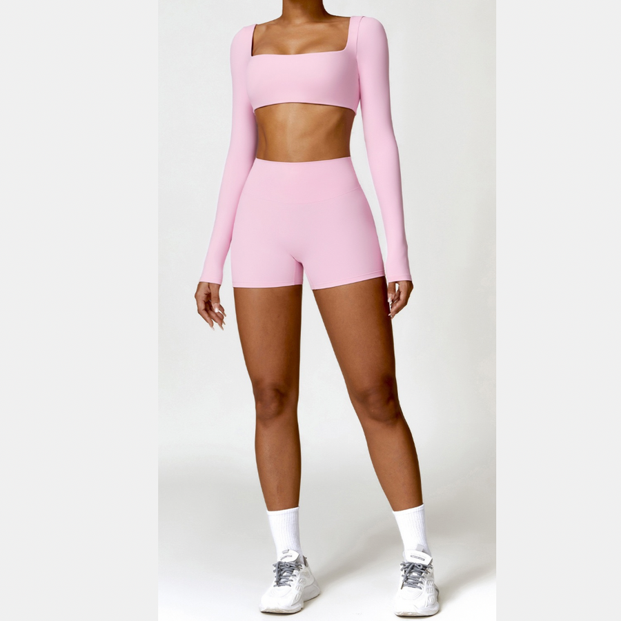 Stylish Long-Sleeve Top Scrunched Short Set - Pink
