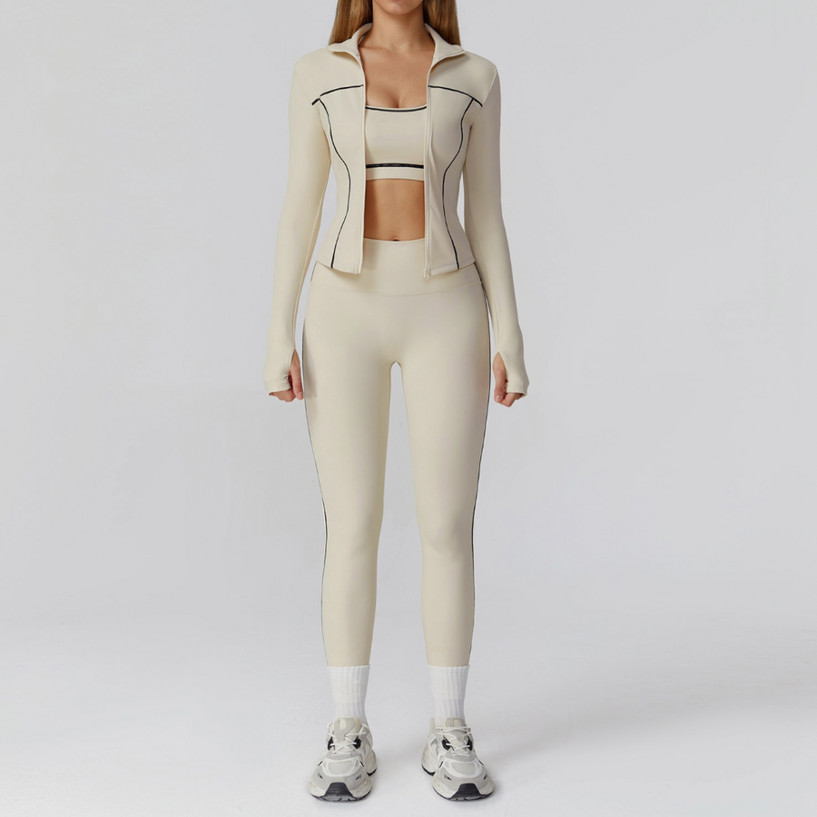 Sporty Chic 3pcs Jacket Legging Set - Beige